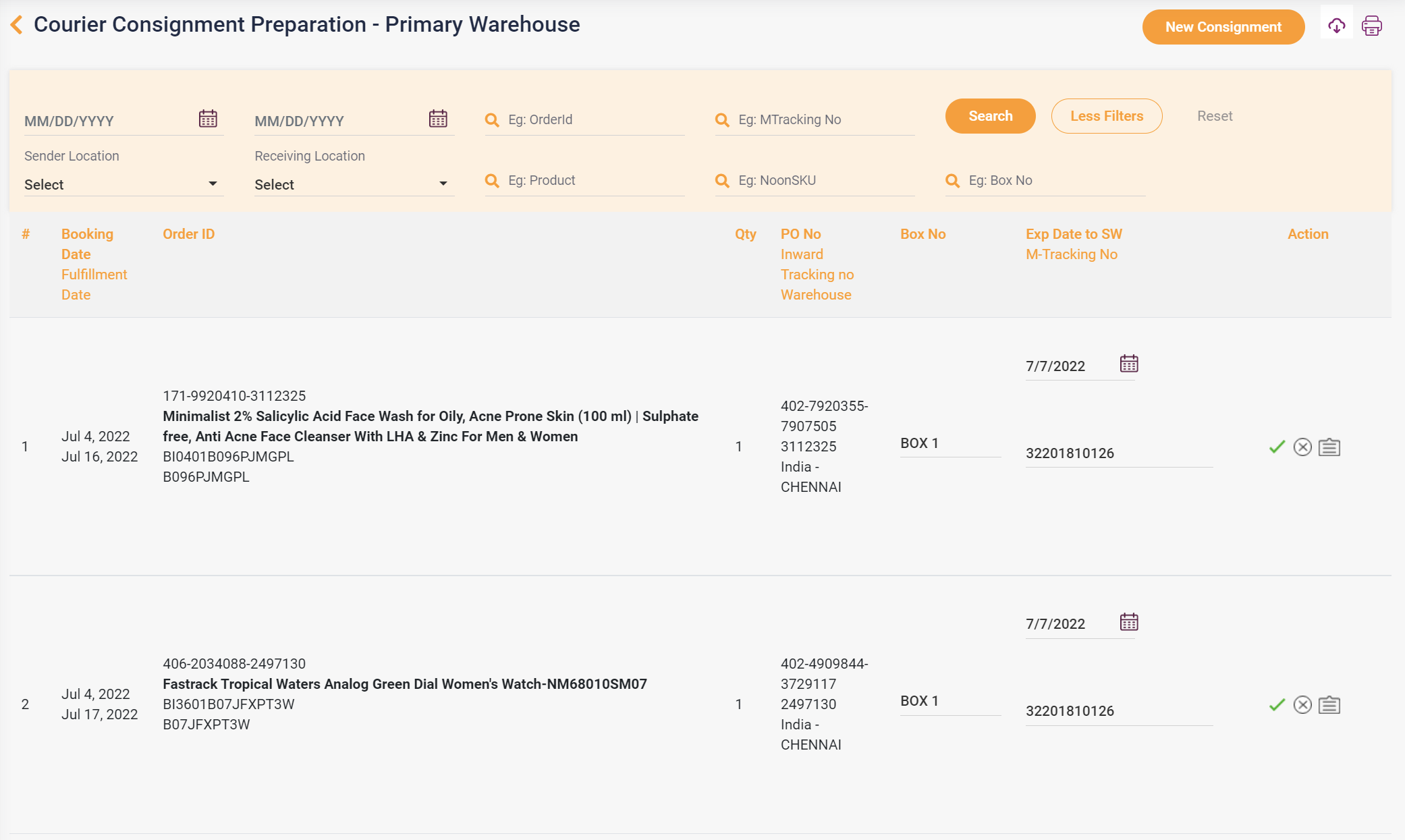 Consignment Preparation - Primary Warehouseimage List